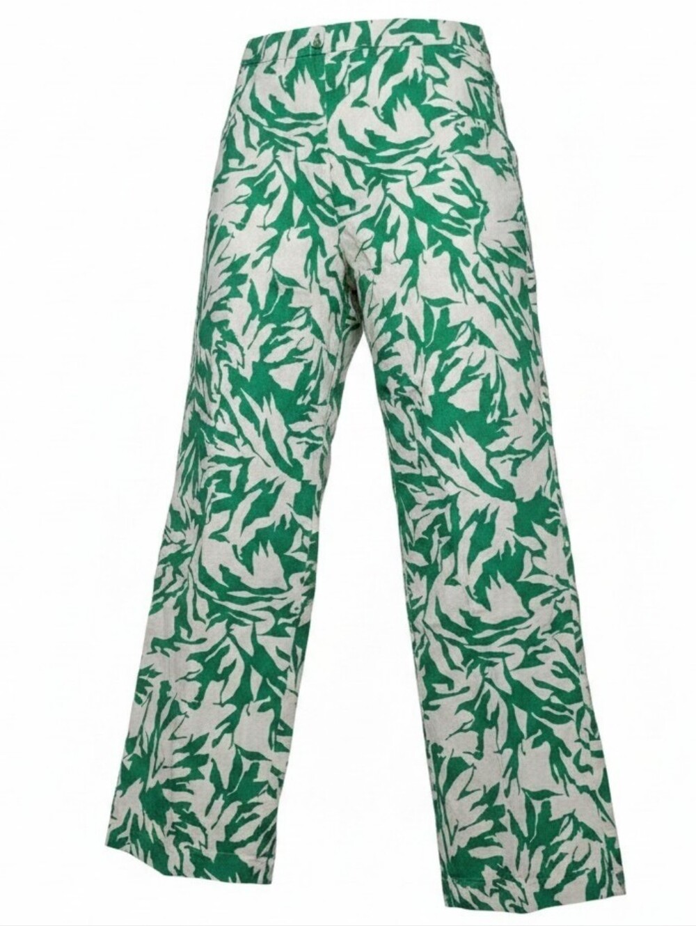 ULLA POPKEN | 100% Linen Tropical Leaf Print Wide Leg Pants Green Cream |‎ 20